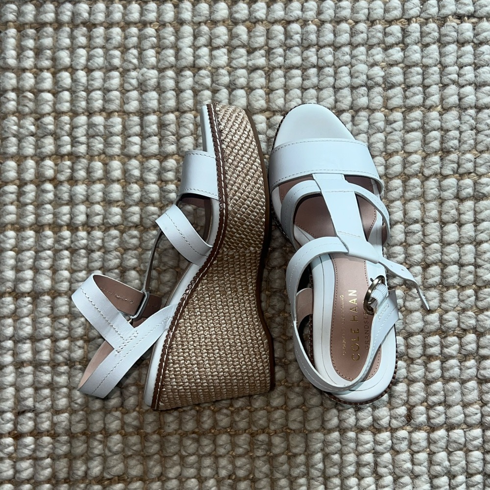 Cole Haan White Leather Espadrille Wedge Sandals with Natural Rope Platform